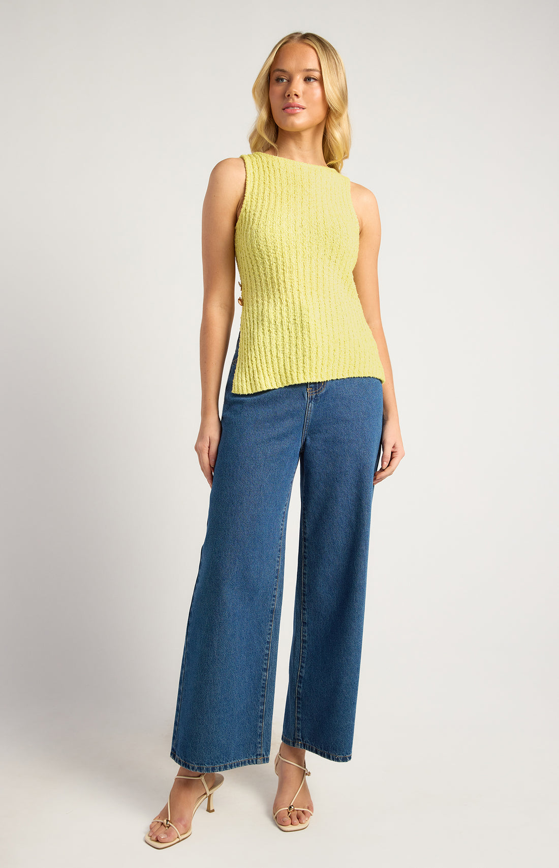 Butter yellow racer neck rib knit top