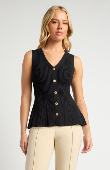 black peplum knit vest top v neckline fitted bodice