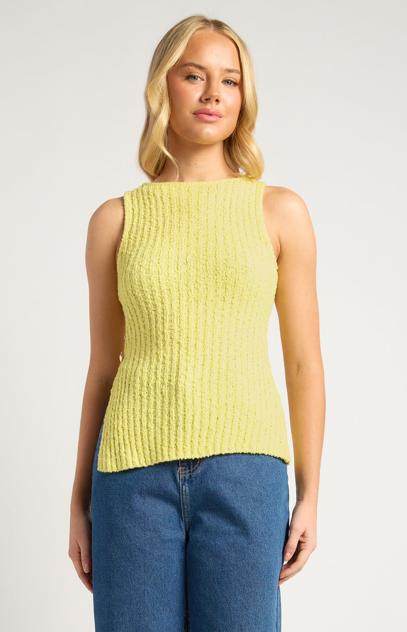 Butter yellow racer neck rib knit top