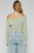 back view sage green one shoulder knit top