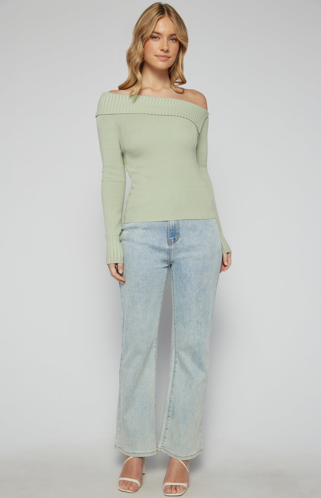 sage green one shoulder knit top women