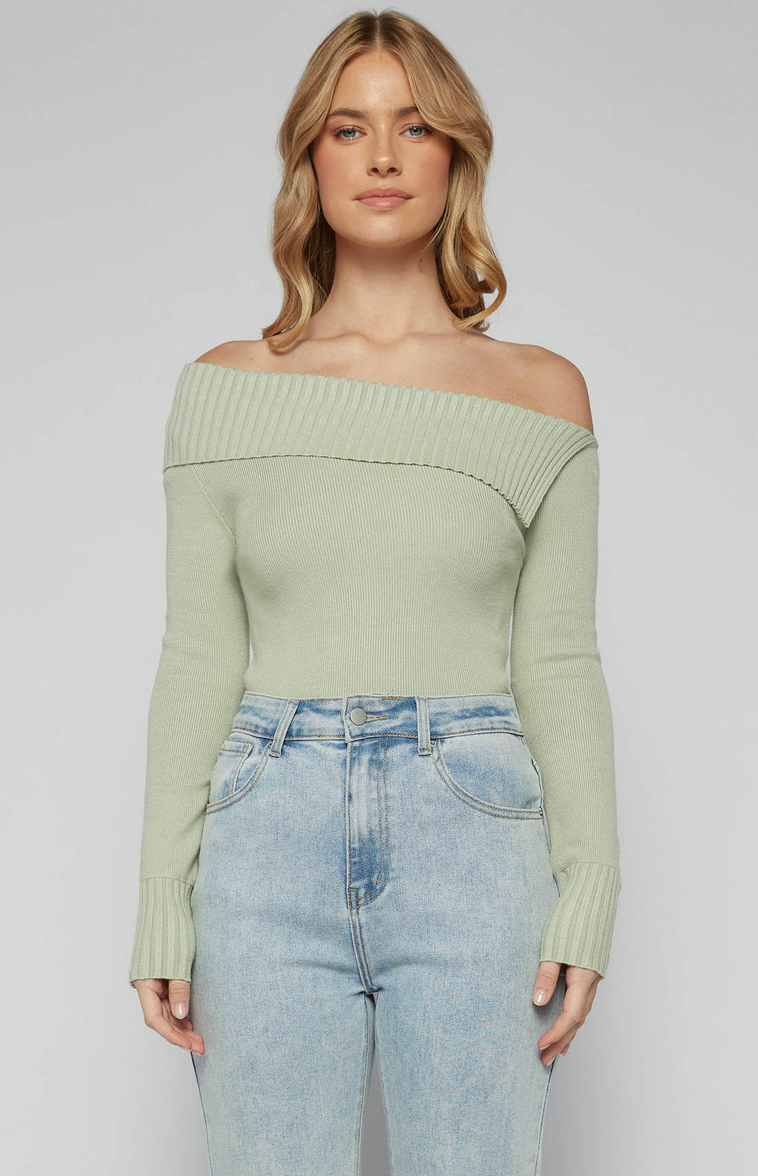 sage green one shoulder knit top women
