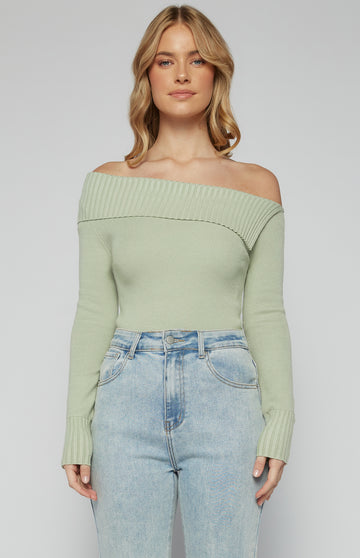 sage green one shoulder knit top women